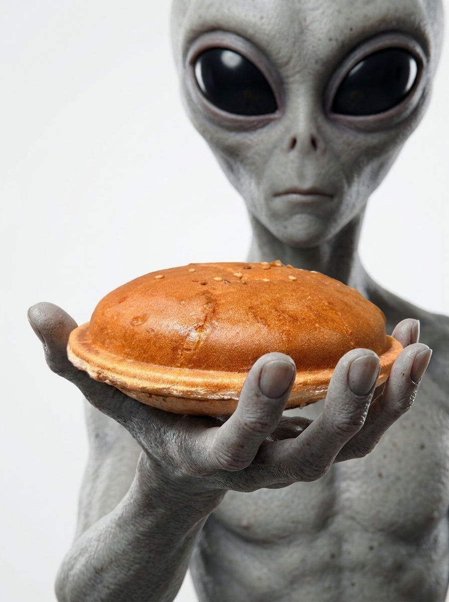 Grey extraterrestrial subject holding an unidentified bun-form payload